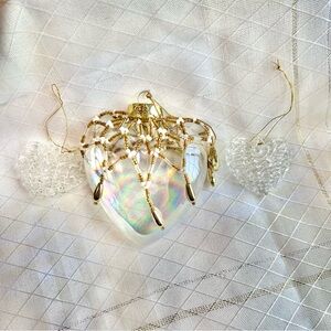 3 Vintage Glass Heart Ornaments, Holiday Seasonal Ornament Decor, Beaded Decor